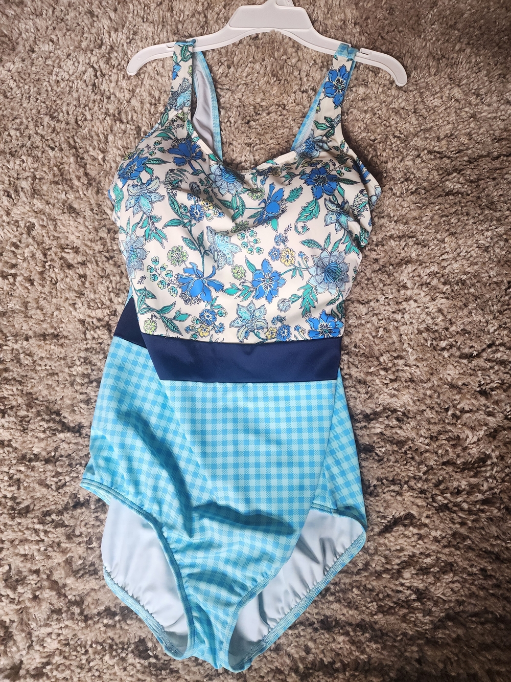 Lands' End Blue Floral & Gingham One-Piece with Navy Waistband
